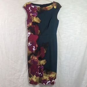 Maggy London Cascading Floral Midi Sheath Dress Career Pencil Classy Cap Sleeve